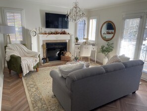 Smart TV, fireplace, books