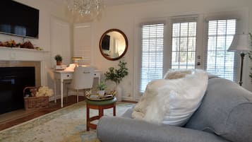 Smart TV, fireplace, books