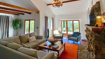 Smart TV, fireplace, books