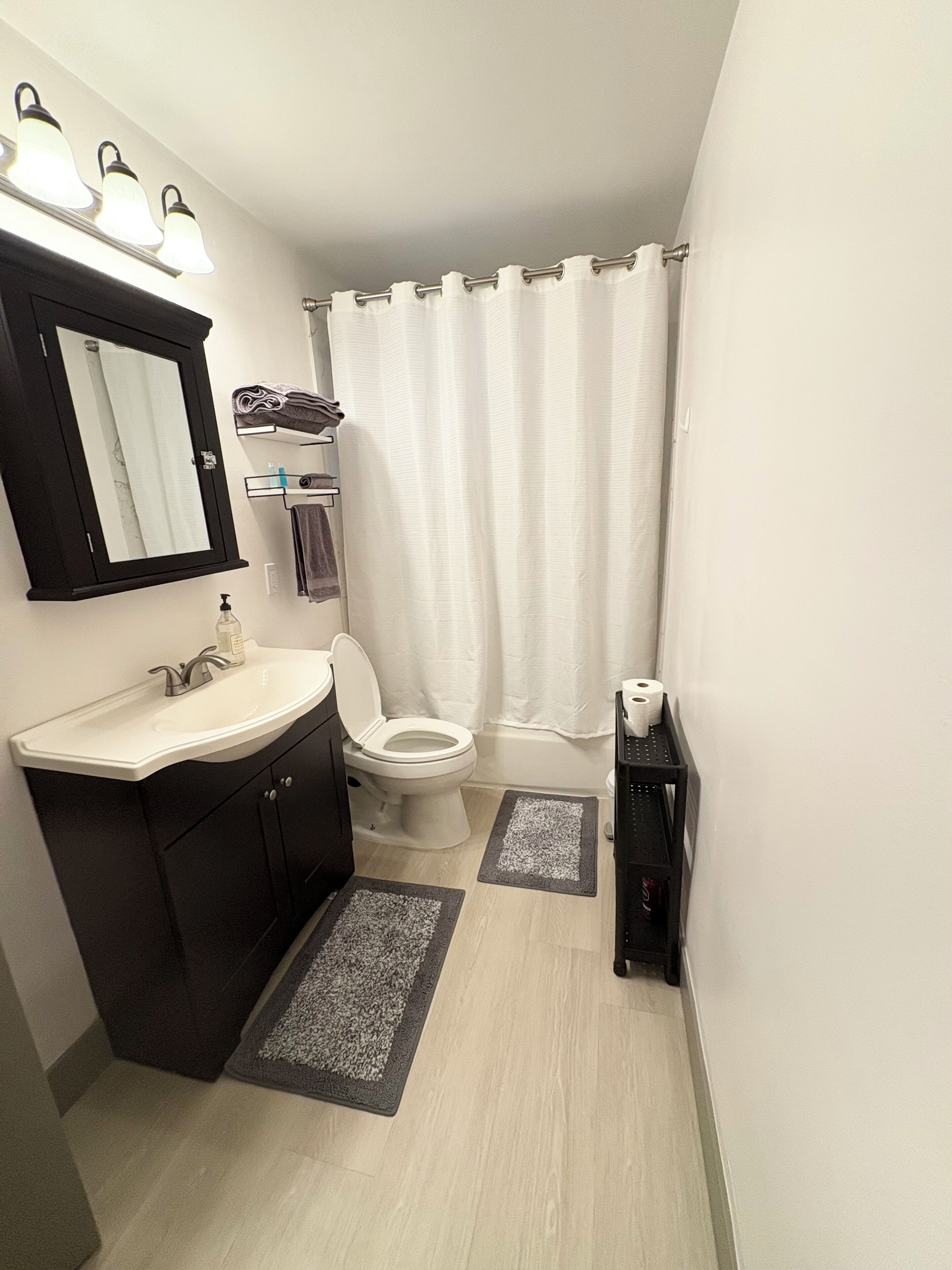 A compact bathroom with a white sink, black cabinets, a mirror, a toilet, and a shower curtain.