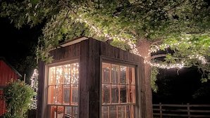 A small wooden structure with large windows, surrounded by greenery and string lights. - Cozy hobby farm cabin under the stars! (Greenville)
