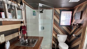 Une petite salle de bain avec un meuble-lavabo en bois, une cabine de douche en verre et des toilettes.