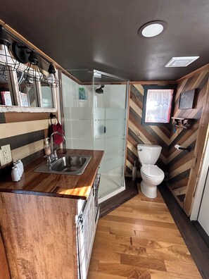 Shower, towels, soap, toilet paper