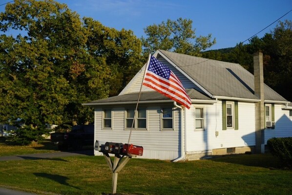 A house with a mailbox and an American flag.
