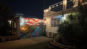 A building with a mural of a turtle, outdoor plants, and a pathway leading to the entrance.