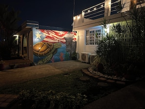 A building with a mural of a turtle, outdoor plants, and a pathway leading to the entrance.
