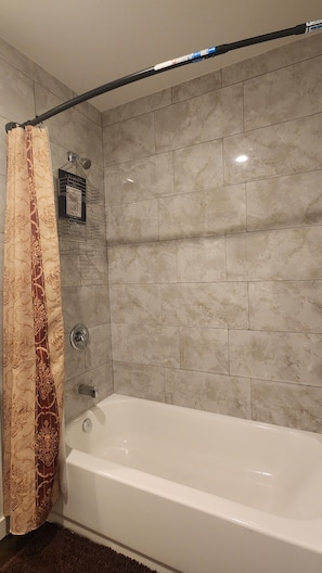 Hair dryer, towels, soap, toilet paper