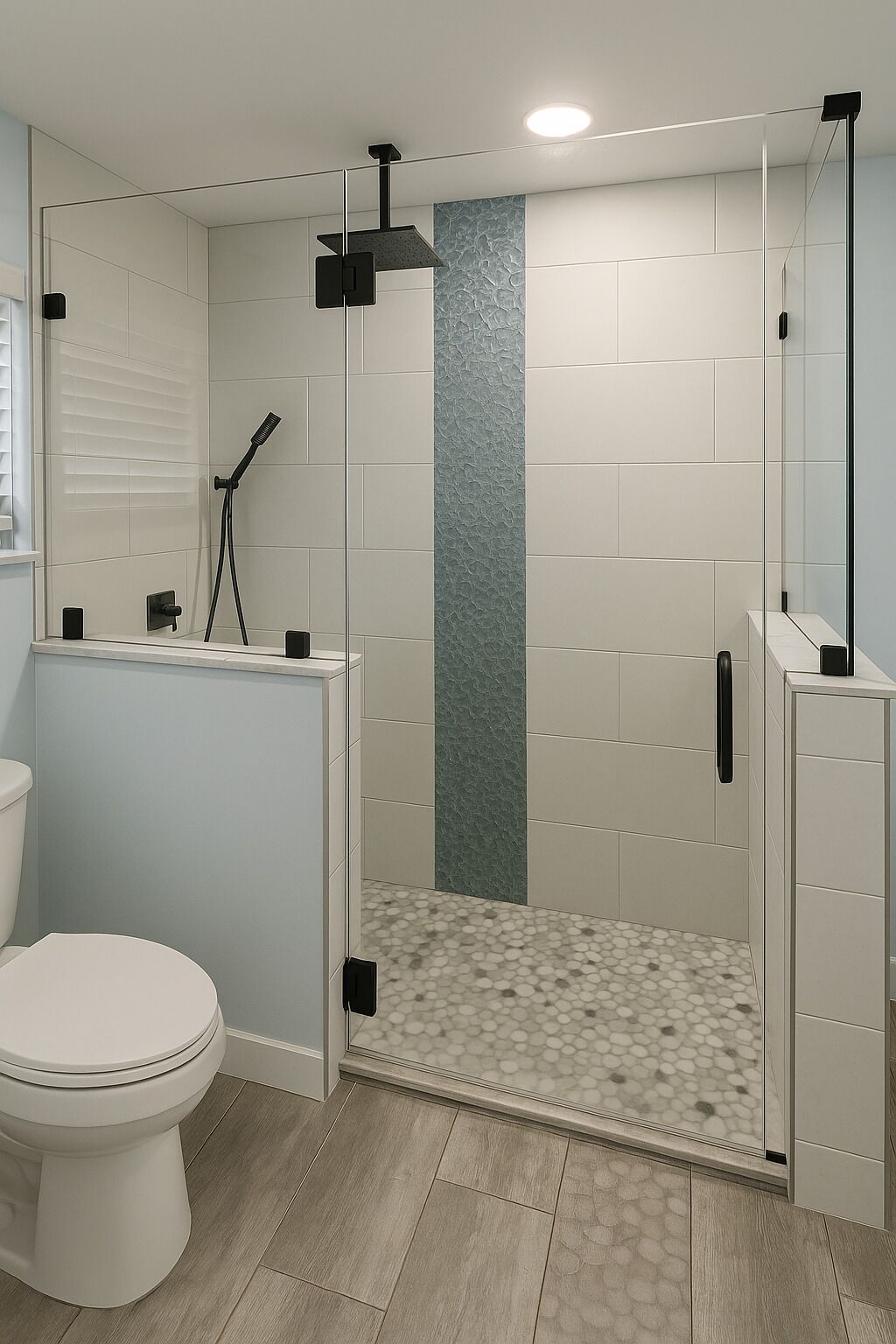 Un bagno moderno con doccia, servizi igienici e area doccia vetrata.