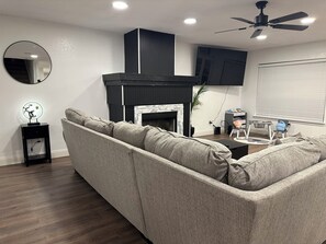 Smart TV, fireplace, books