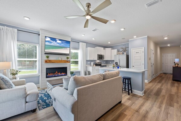 Smart TV, fireplace, video games