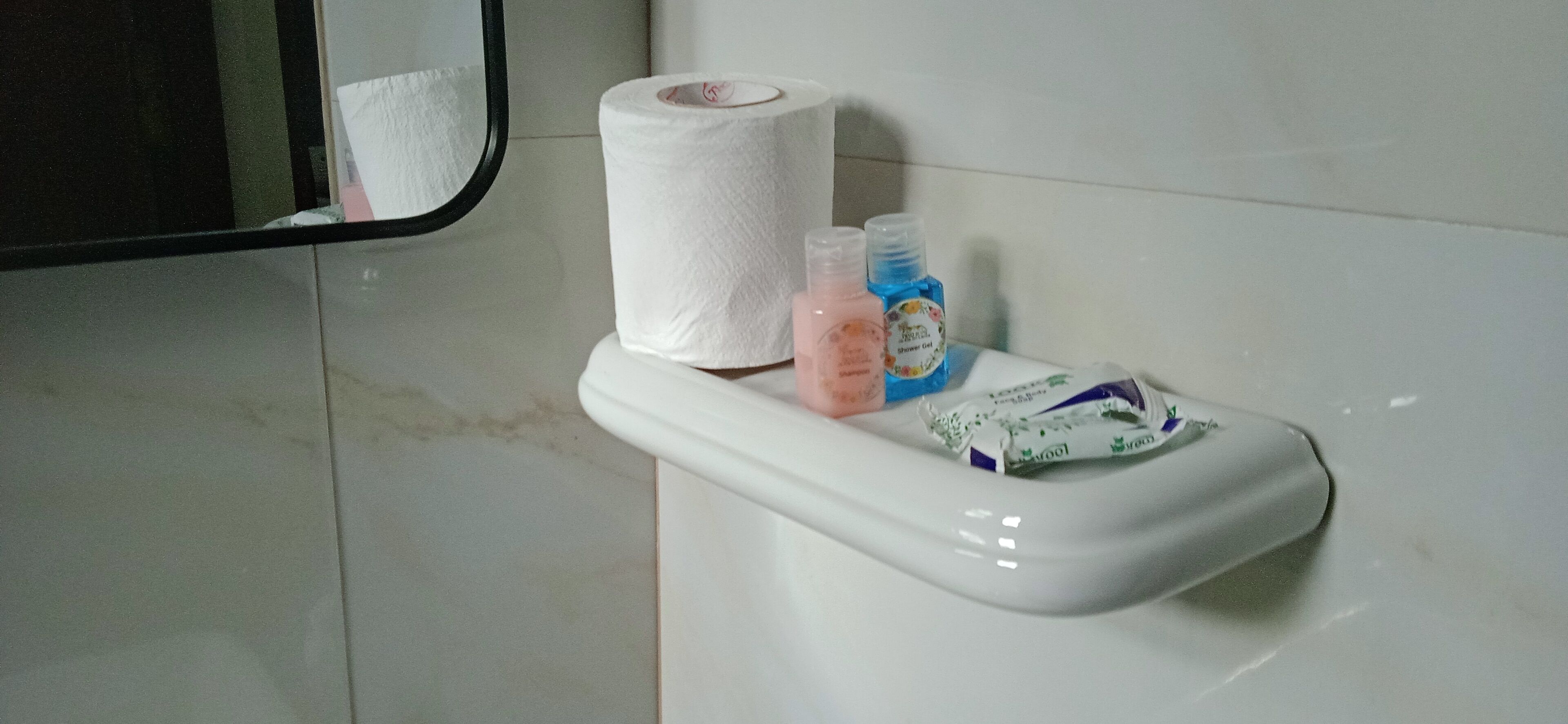 A toilet with a roll of toilet paper, a pink bottle, and two bottles of liquid soap.