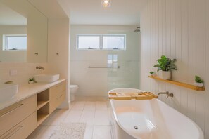 Hair dryer, towels, soap, shampoo