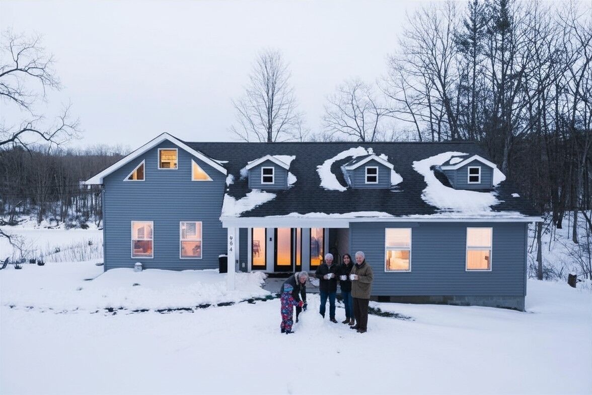 Een huis met twee verdiepingen, een sneeuwbedekte kap en een voortuin met veranda.