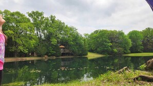 A person standing by a calm lake with a wooden deck and a thatched-roof structure in the background. - Charming Waterfront Tree House in Kaufman (Kaufman)