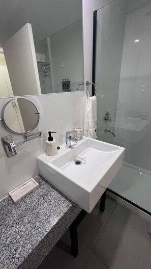 Hair dryer, bidet, towels, soap