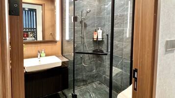 Hair dryer, towels, soap, toilet paper