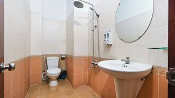 A bathroom with a toilet, a sink, a shower, and a mirror.