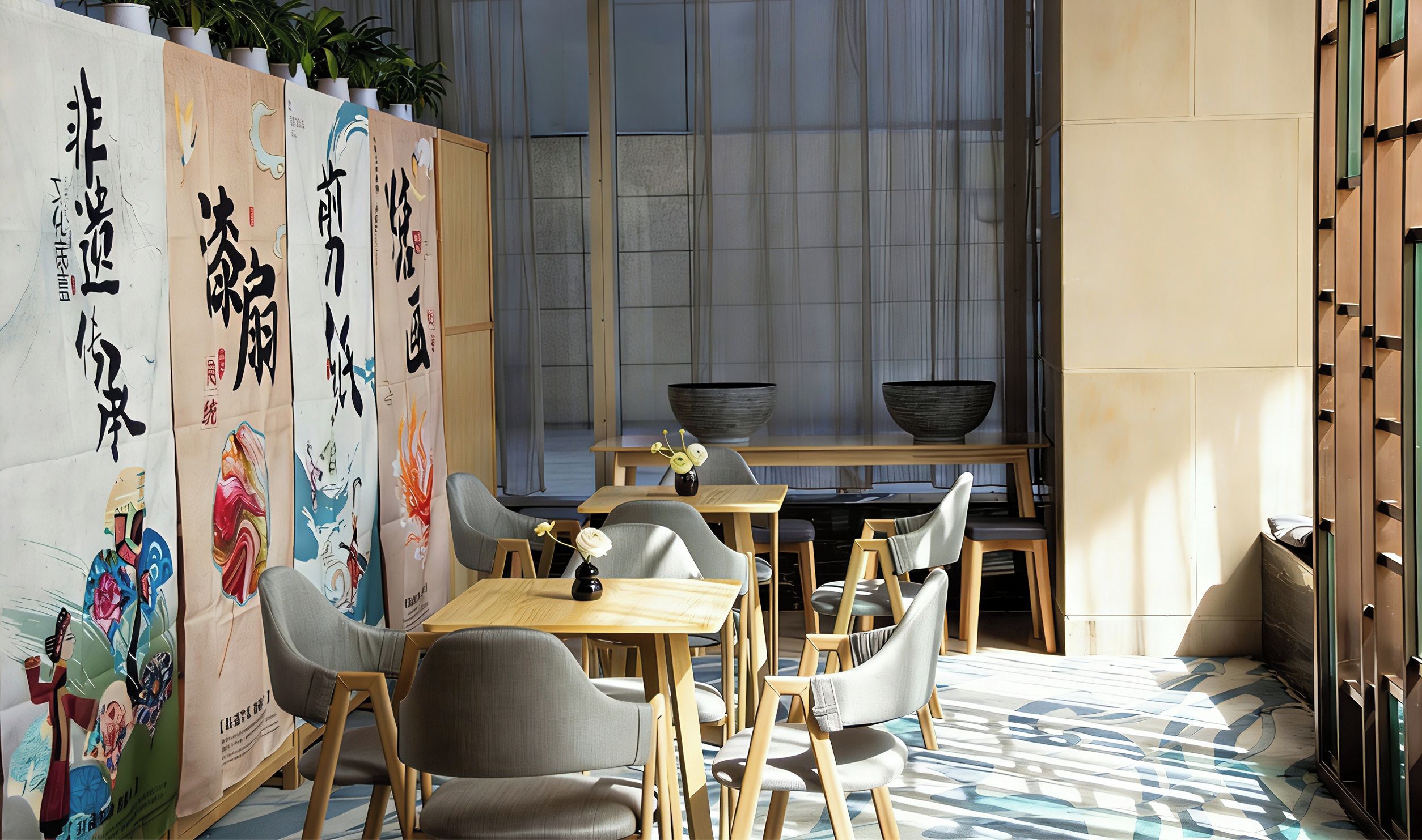 A dining area with wooden tables and chairs, a large window with vertical blinds, and decorative calligraphy on the wall.