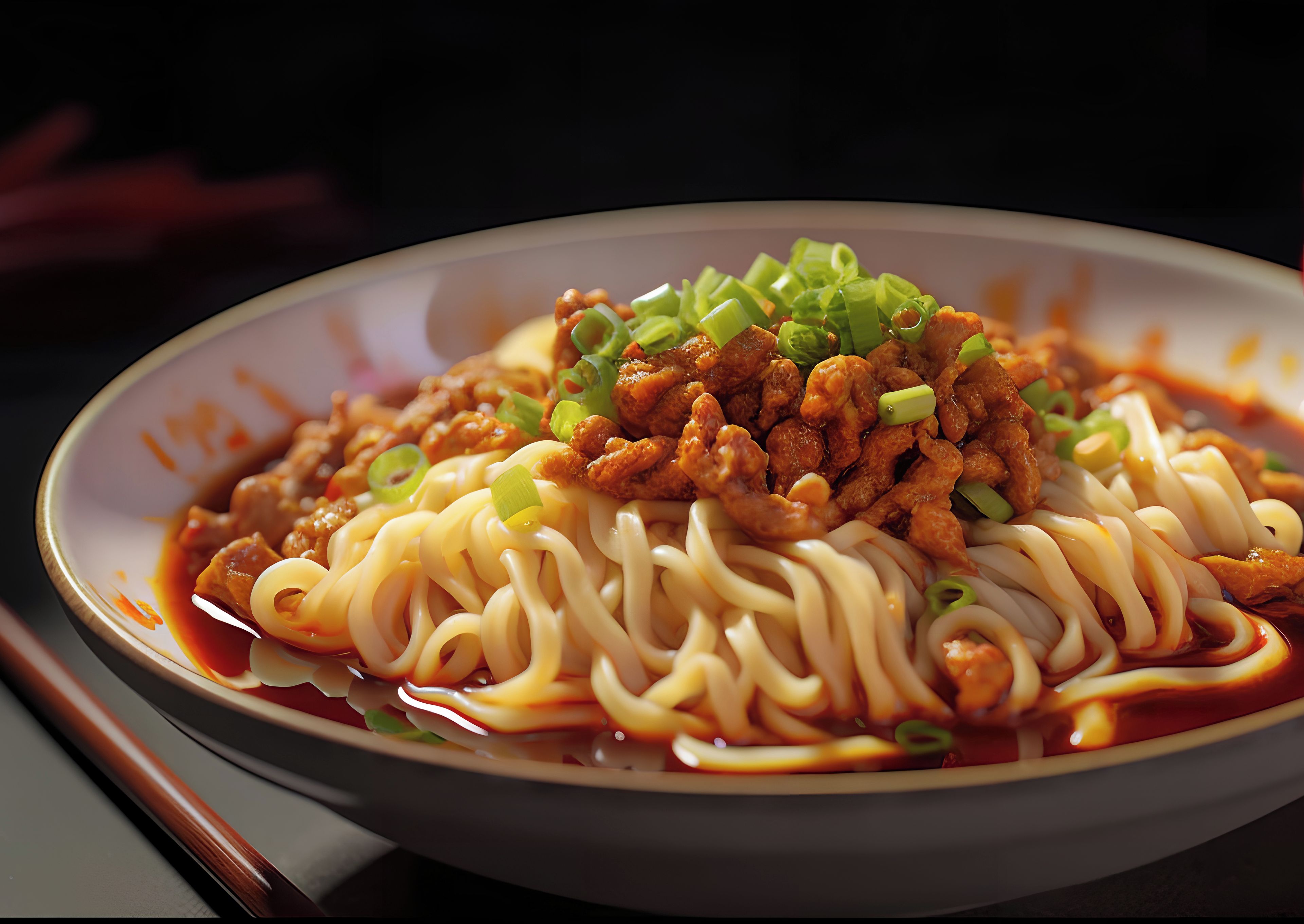 A bowl of noodles topped with meat and green onions.