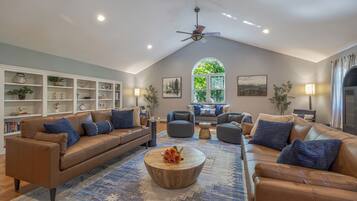 Smart TV, fireplace, video games, DVD player