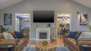 Smart TV, fireplace, video games, DVD player