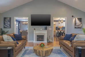 Smart TV, fireplace, video games, DVD player