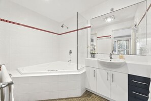 Hair dryer, towels, soap, shampoo