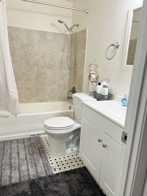 Hair dryer, towels, soap, toilet paper