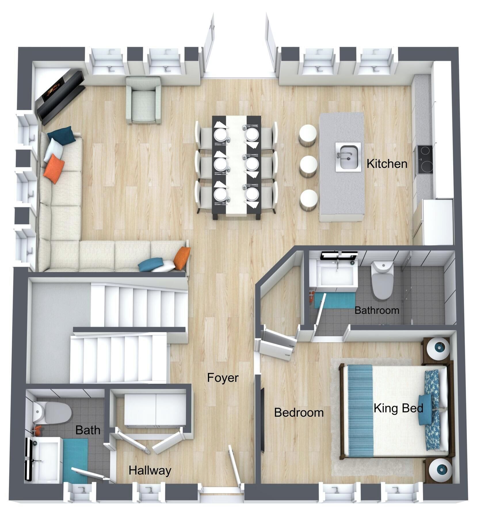 Grundriss eines Hotelzimmers mit Schlafzimmer, Kingsize-Bett, Bad, Eingangsbereich, Flur und Küchenzeile.