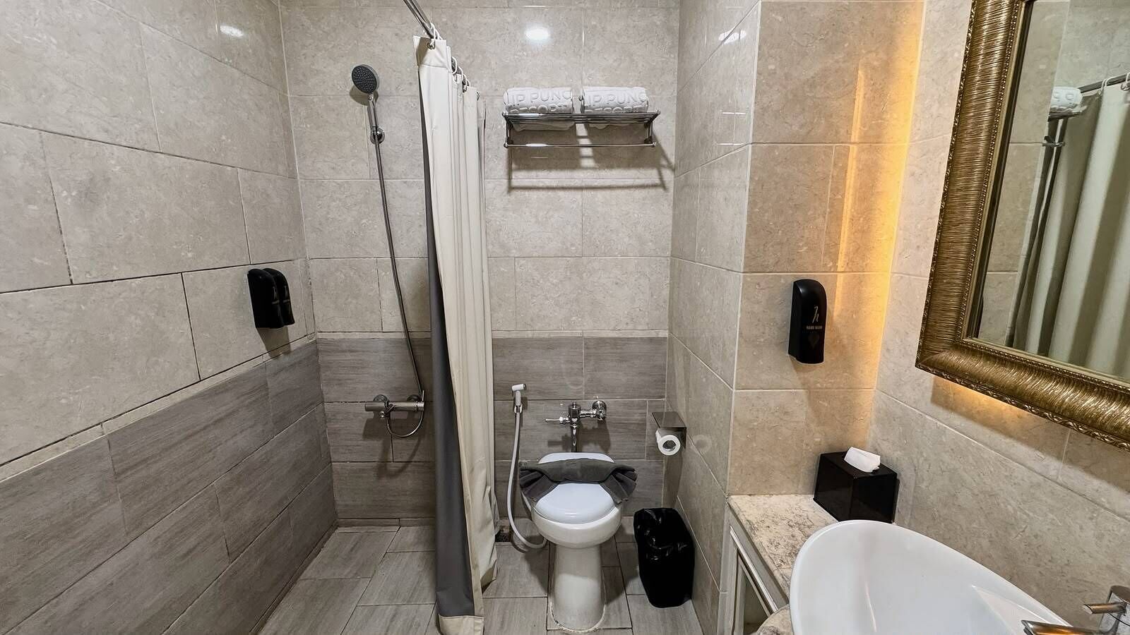 Un baño pequeño con inodoro, bidé y zona de ducha.