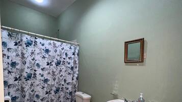 Un baño con inodoro, lavabo, cortina de ducha y espejo.