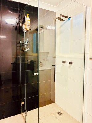 Dusche, Haartrockner, Handtücher, Seife
