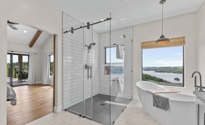 Hair dryer, bidet, towels, soap