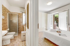 Shower, hair dryer, bidet, towels