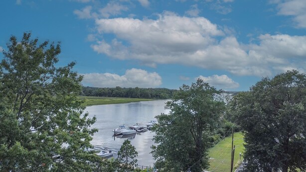 A river with boats docked, surrounded by trees and a clear sky.