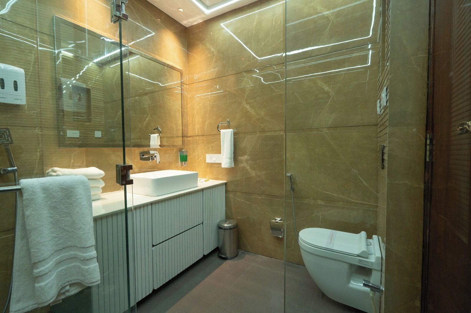 Une salle de bain moderne avec une douche à l’italienne en verre, un lavabo blanc et des toilettes.