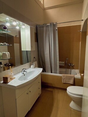 Hair dryer, towels, soap, toilet paper