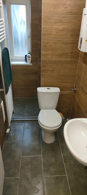 A bathroom with a toilet, a sink, a window, and a towel rack.