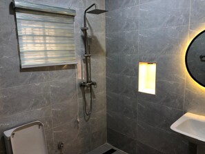 Hair dryer, towels, soap, toilet paper