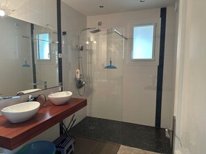 Hair dryer, towels, soap, toilet paper