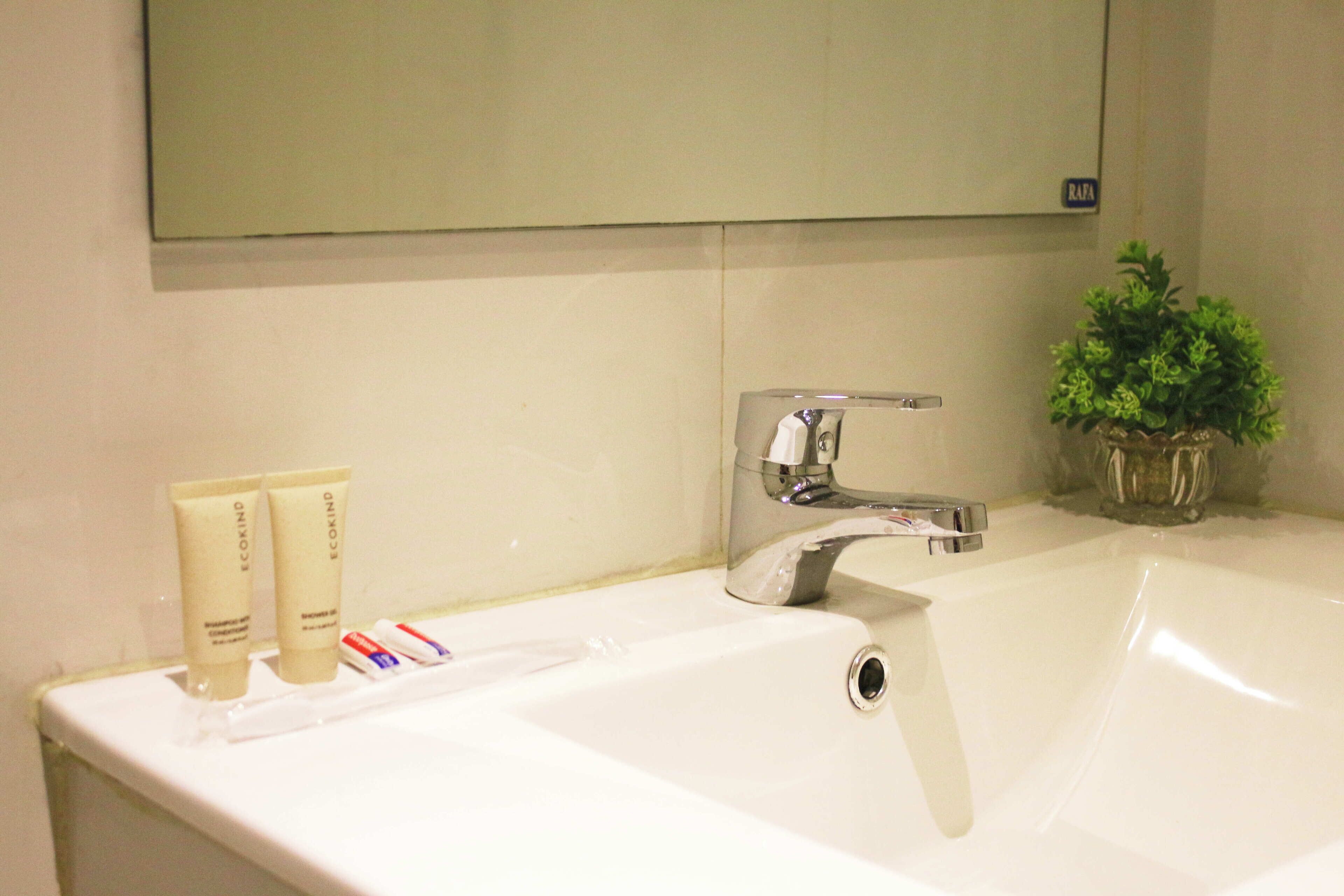 A bathroom with a white sink, a mirror above it, and two tubes of cream on the sink.