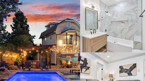 Une maison avec une piscine, un patio doté de mobilier d’extérieur et une salle de bain moderne avec un mur de douche en marbre.