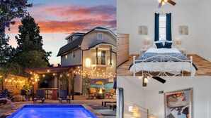 A two-story house with a swimming pool, a patio with outdoor furniture, and a bedroom with a bed and bedside lamps. - NOLA 3BR Escape w Pool, Steps from Canal Streetcar (New Orleans)