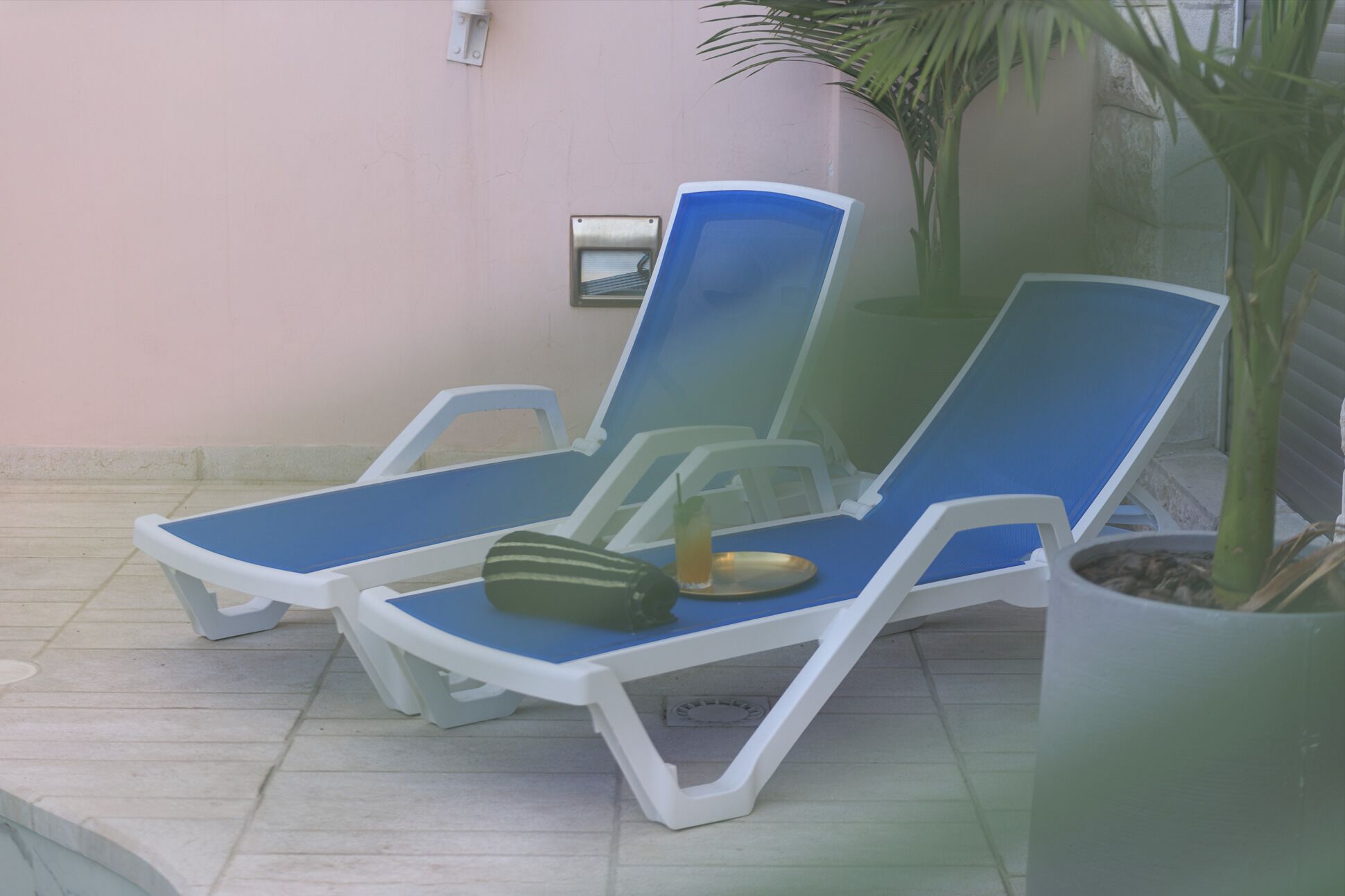 Two blue lounge chairs with white frames, a small table with a drink, and a potted plant.