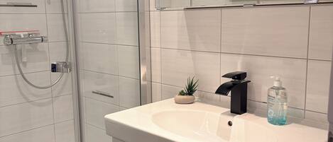 A modern bathroom with a glass-enclosed shower, a white sink with a black faucet, and a small potted plant on the countertop.