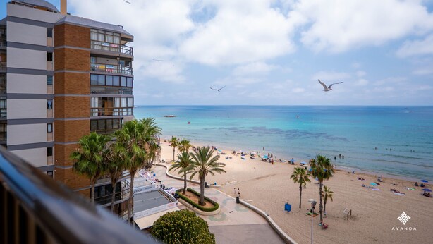 A beachfront hotel with a view of the sea, palm trees, and a clear sky. - A040 PEÑON DE IFACH 6º A (Calp)