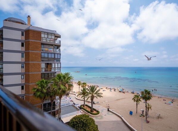 A beachfront hotel with a view of the sea, palm trees, and a clear sky.