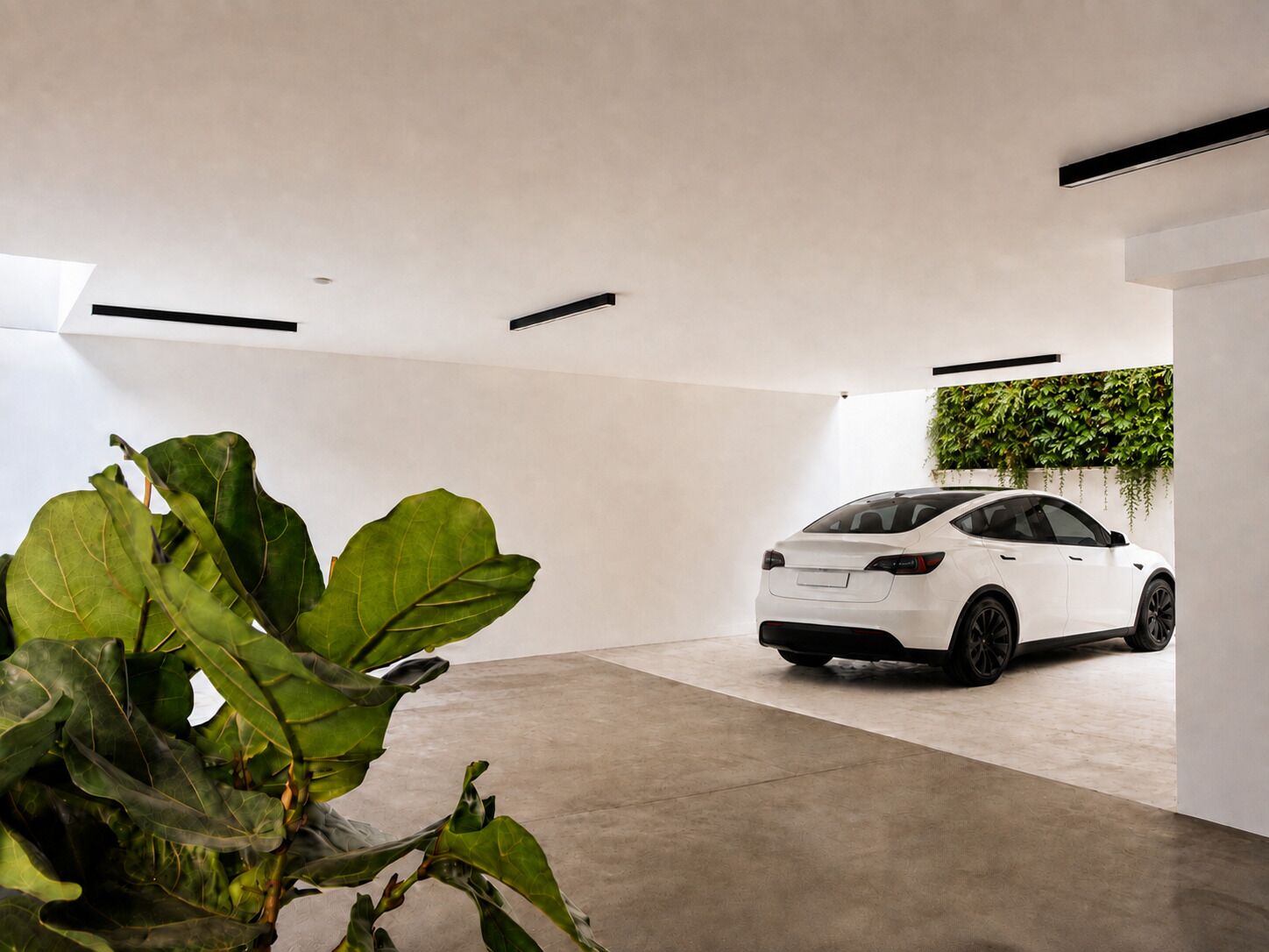 A modern, minimalist interior with a white car parked in a spacious, concrete-floored garage.