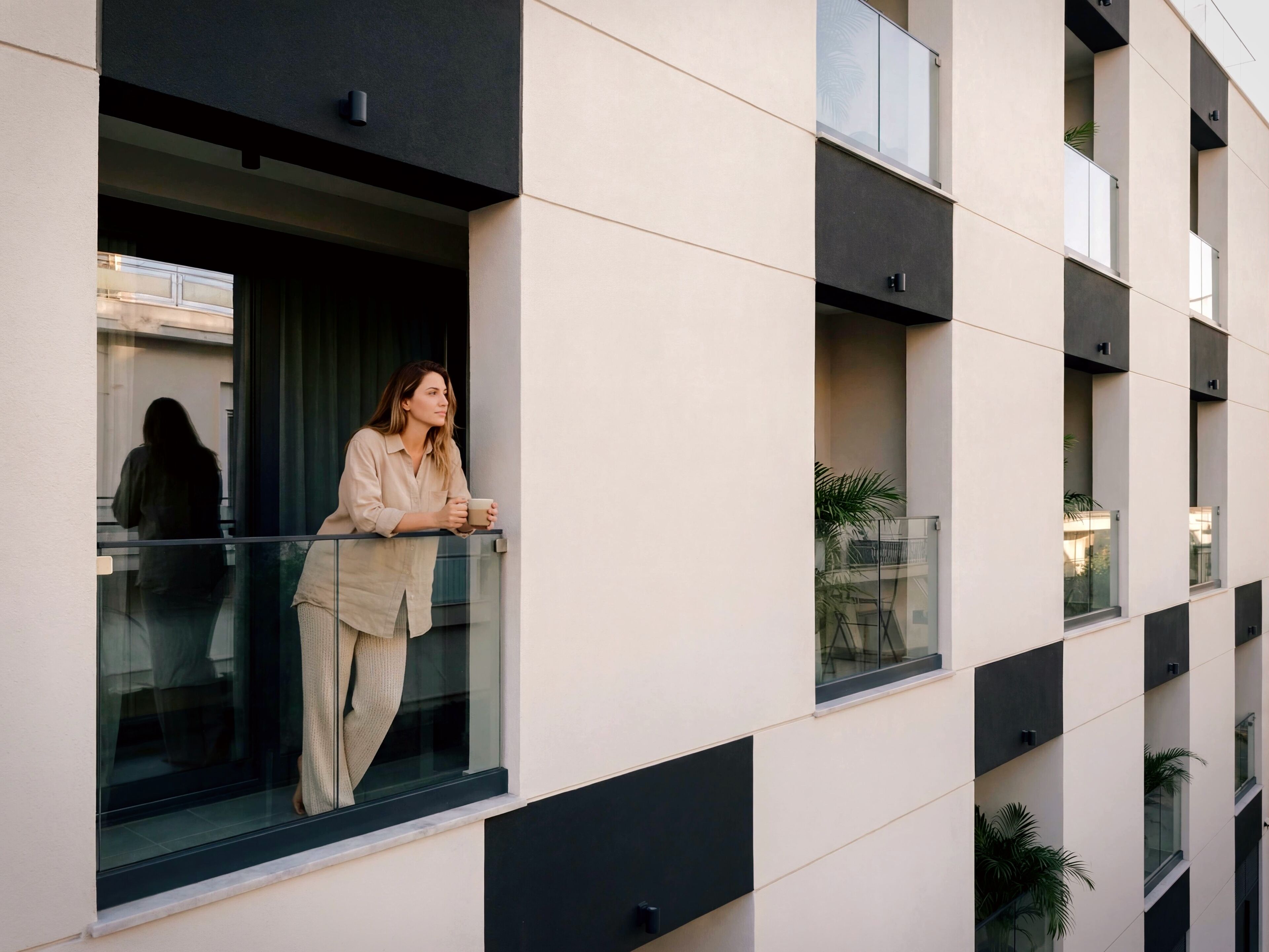 Un bâtiment moderne doté d’un balcon, de grandes fenêtres et d’un design minimaliste.
