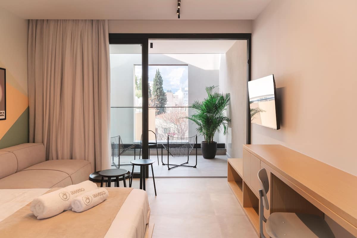 A modern hotel room with a bed, a small table, a chair, a TV, a balcony with a plant, and a view of buildings outside.